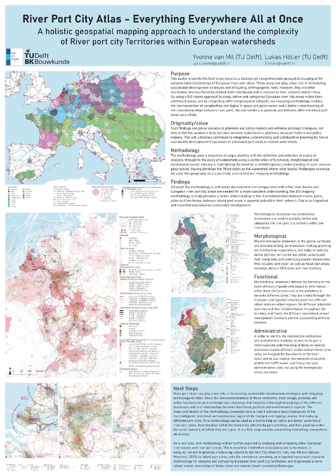 Figure 4: Project poster of “River Port City Atlas. Everything Everywhere All at Once”, which presents the first efforts for an atlas of River Port City Territories, by Lukas Höller and Yvonne van Mil.