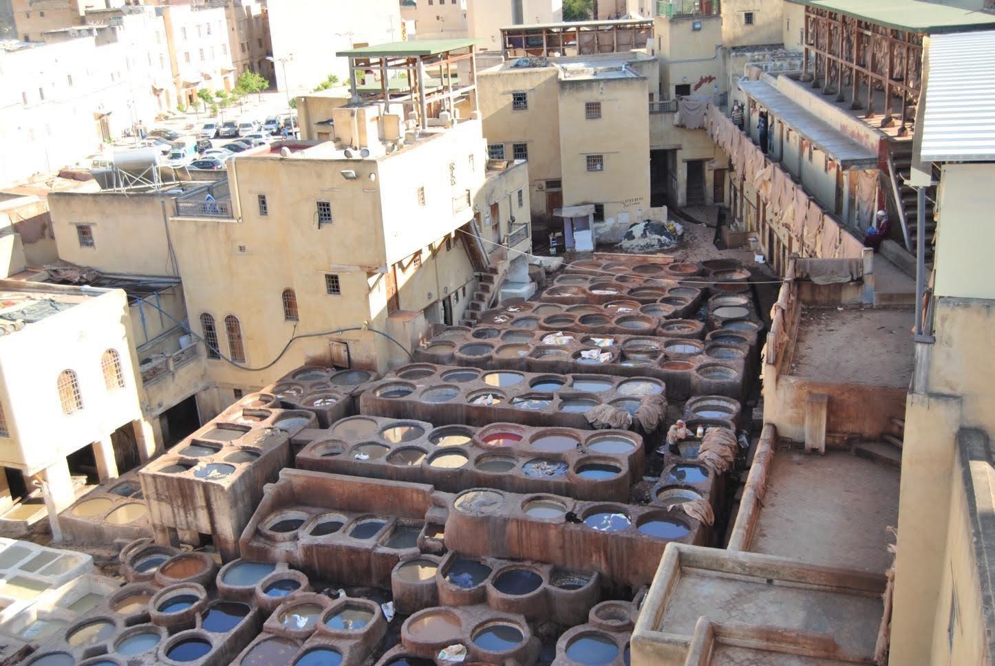 The Chouara Tannery of Fes el Bali, located along the Oued Fes (also known as theor Boukhrareb River).