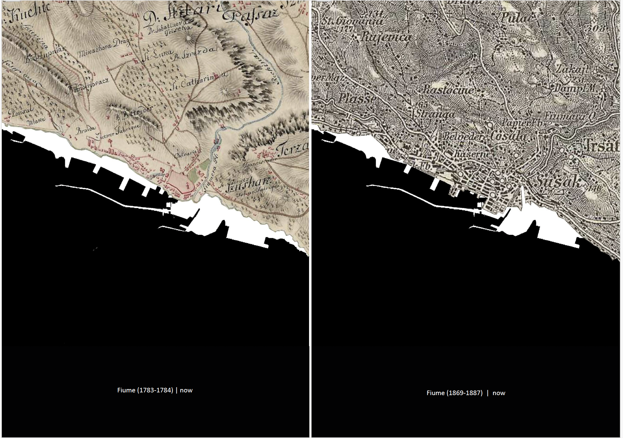 comparison of two historic maps of the harbour of rijeka 