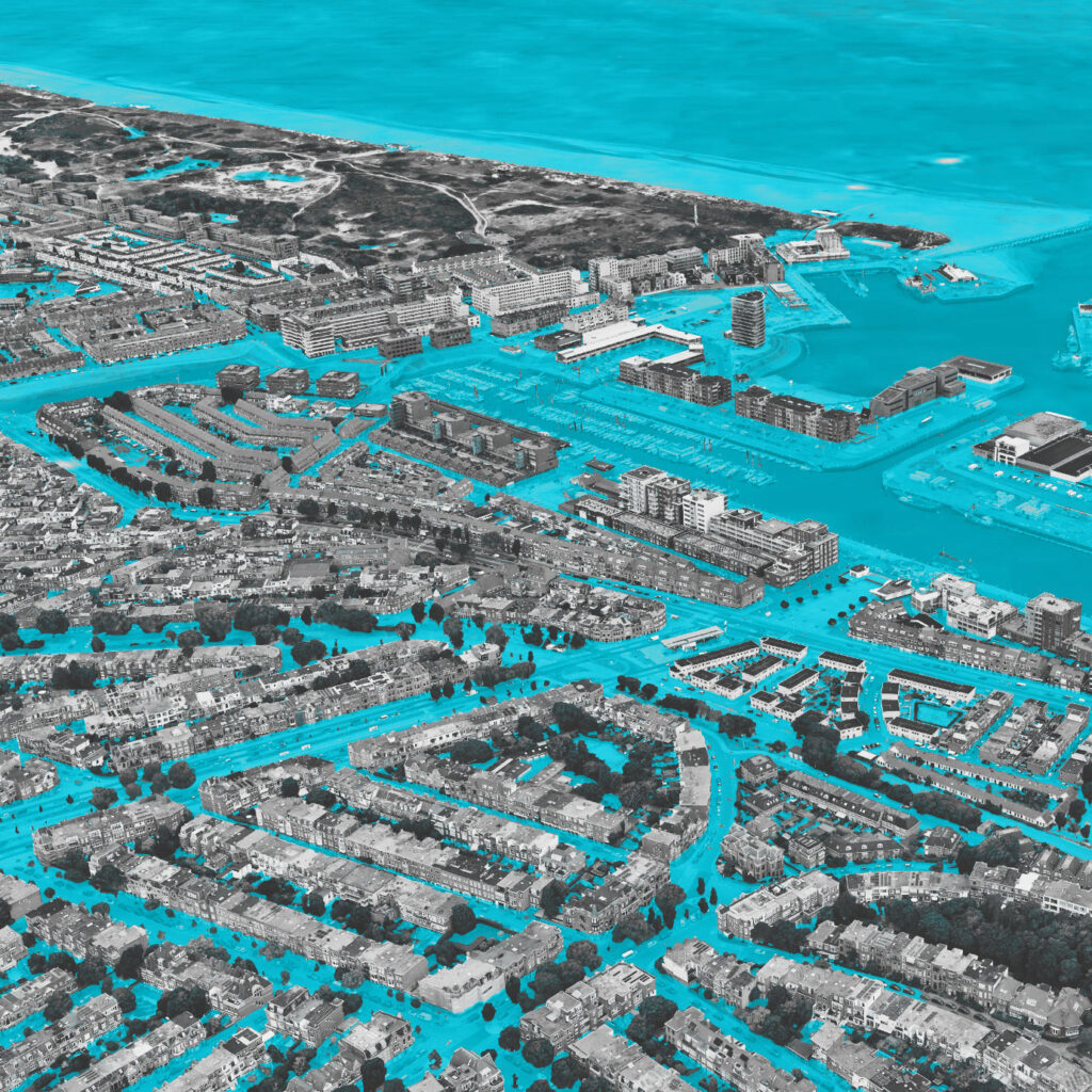 What if? In the unlikely event of a 2–5 meter sea-level rise in the long term, this image visualizes an extreme scenario of flooding for Scheveningen. Source: NXR-2024. 