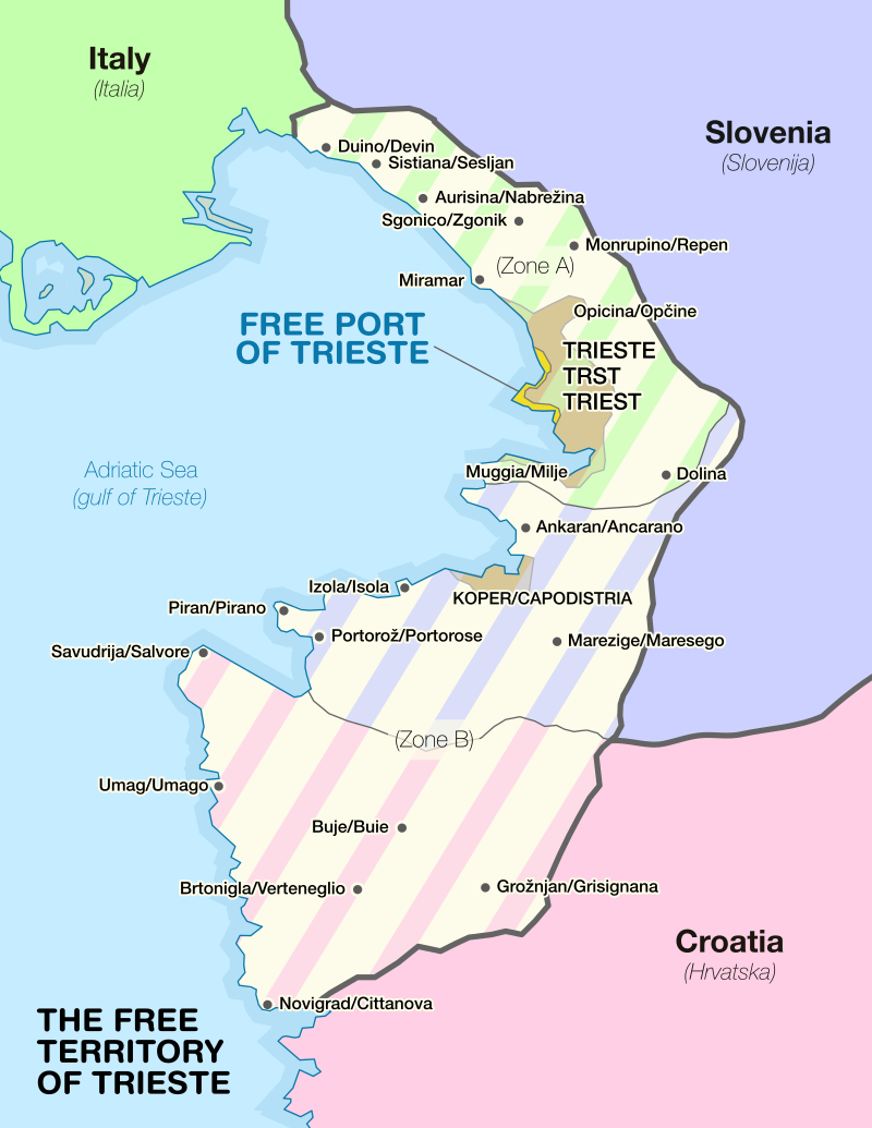 Fig. 2: Map of the Free Territory of Trieste (1947-1954), indicating how the territory was split following its dissolution. (Source: Historical Atlas of Central Europe)