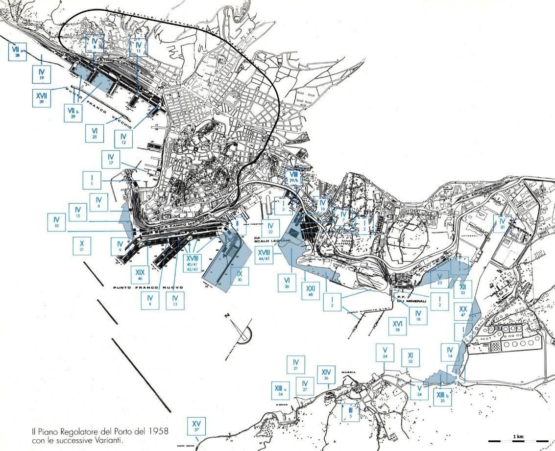 Fig. 4: The Regulatory Plan of the Port of Trieste from 1958 (with highlighted extensions in blue) relocated the remaining port activities from the city centre to the southeastern outskirts. (Source: Ufficio Tecnico Ente Porto di Trieste)