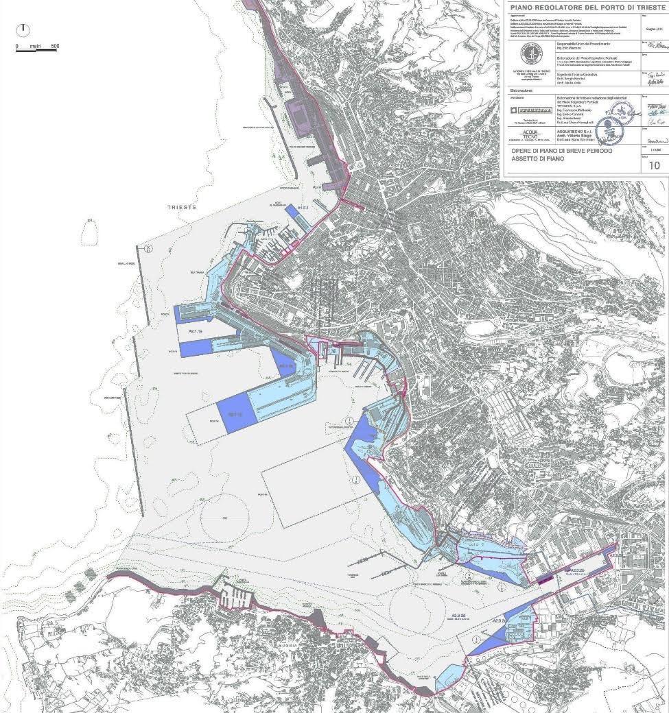 Fig. 5: Regulatory Plan for the Port of Trieste, approved in 2016; the dark pink-coloured area at the top of the map represents Porto Vecchio. (Source: Piano Regolatore del Porto di Trieste)