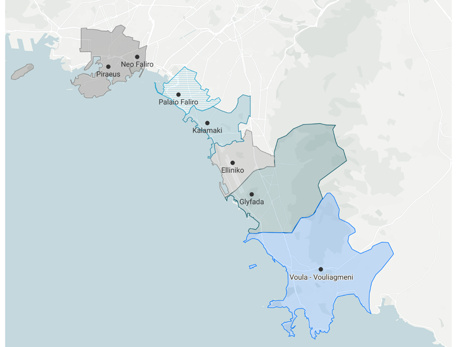 Figure 3: Map of the Athenian Riviera showing the expansion areas from Piraeus to Vouliagmeni. Map created by the author on 17.04.24 via https://app.datawrapper.de/