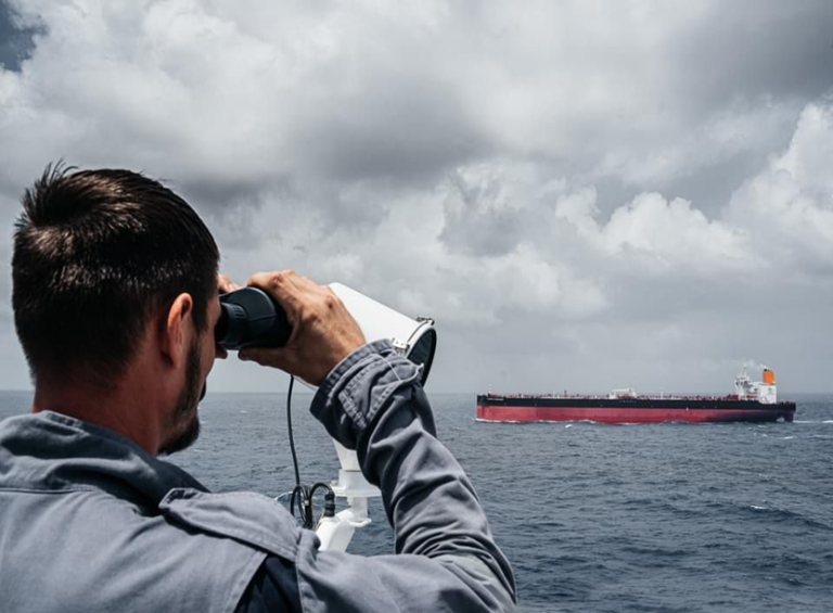 Man viewing Cargo vessel