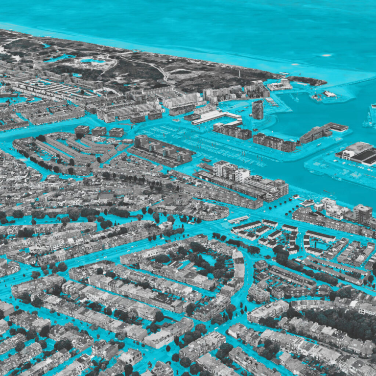 What if? In the unlikely event of a 2–5 meter sea-level rise in the long term, this image visualizes an extreme scenario of flooding for Scheveningen. Source: NXR-2024.